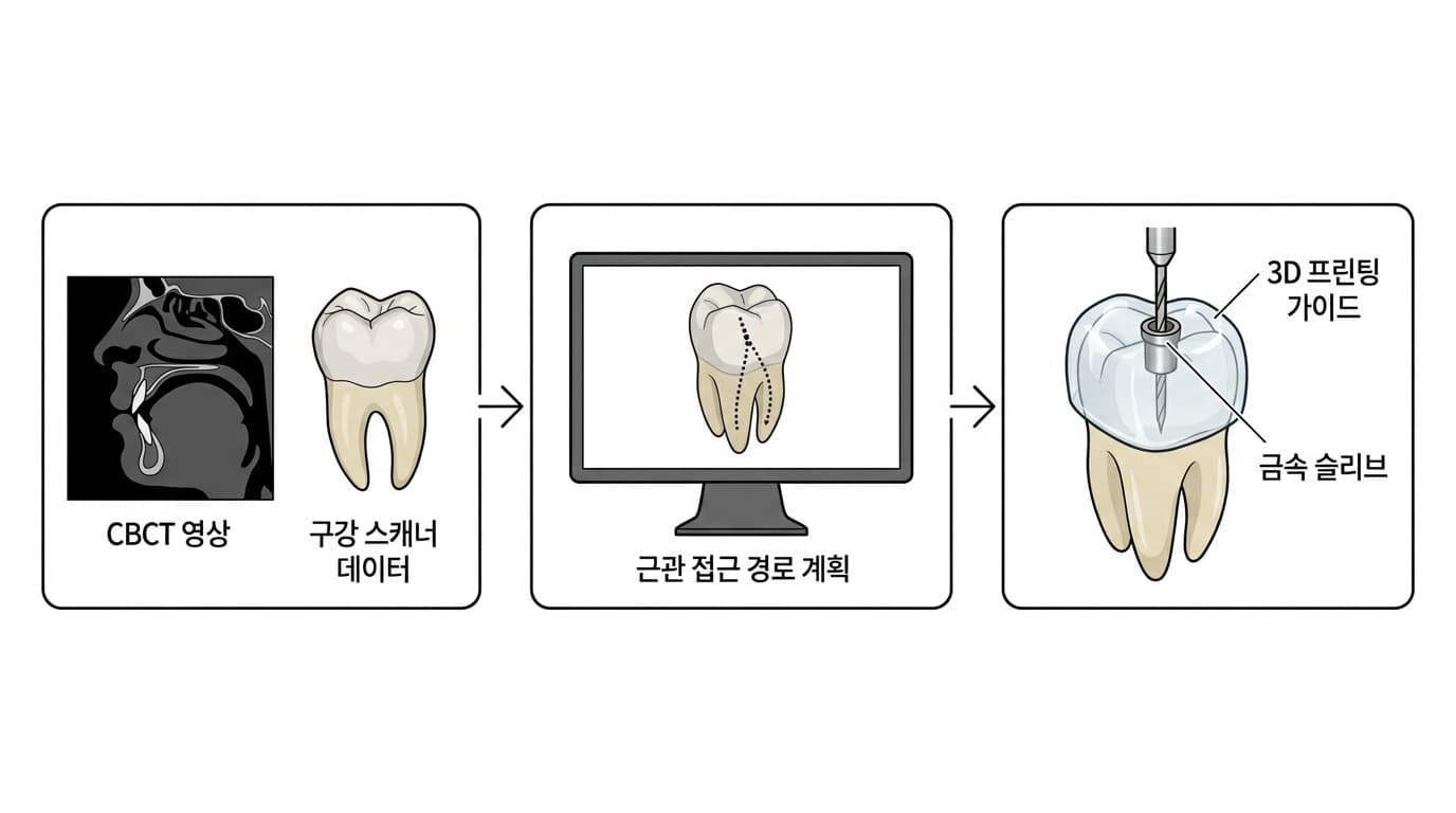 CBCT 영상과 구강 스캐너 데이터를 겹쳐 근관 접근 경로를 계획하고, 금속 슬리브가 달린 3D 프린팅 가이드를 치아에 장착해 드릴을 진입시키는 3단계 과정