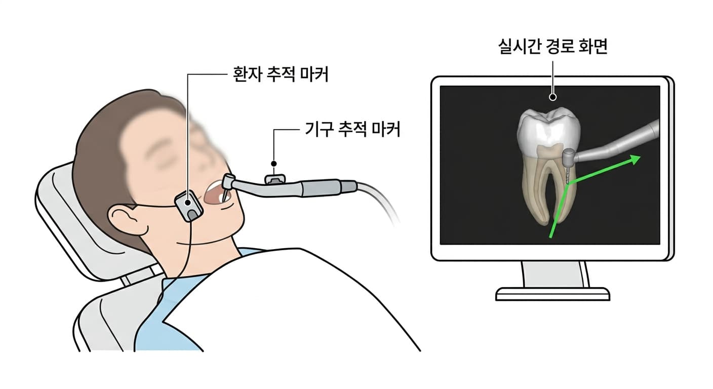 환자와 치과용 핸드피스에 부착된 추적 마커, 그리고 화면에 표시되는 치아 3차원 영상 위 실시간 드릴 경로를 보여주는 그림