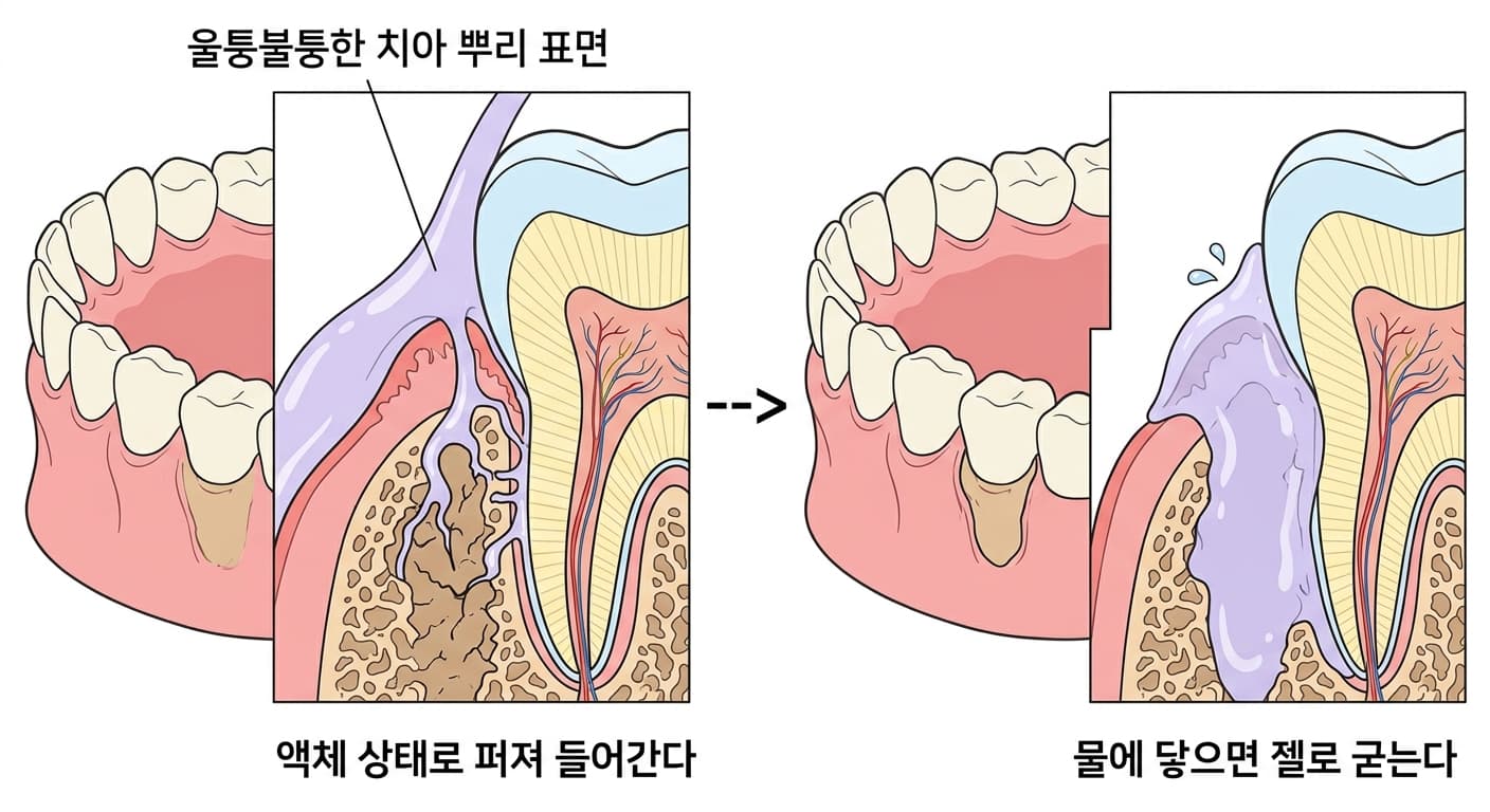 치아 뿌리 표면 위로 액체 상태의 재료가 틈 속으로 퍼져 들어가는 모습과 물에 닿아 젤로 굳어 붙는 모습을 나란히 보여주는 단면도