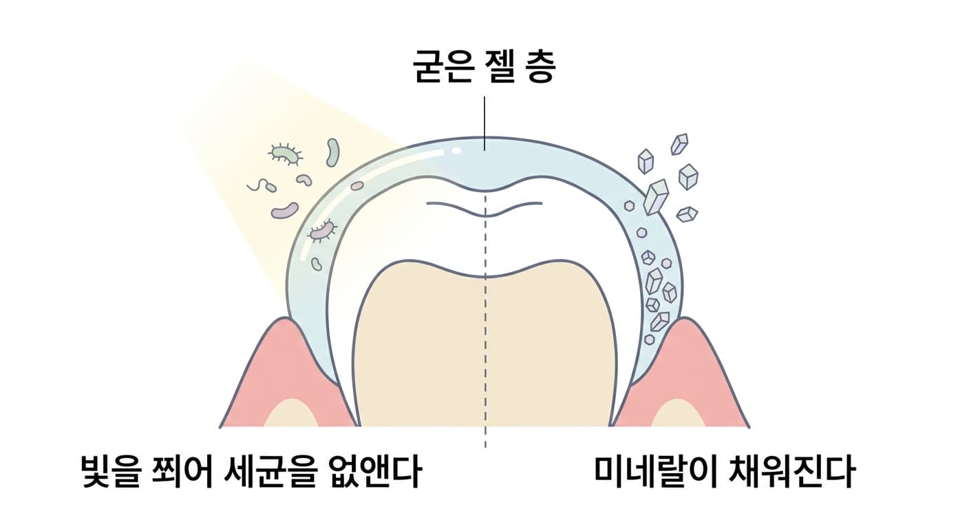 굳은 젤 층 위로 빛이 비쳐 세균이 사라지는 모습과 그 아래 치아 뿌리 표면에 새 미네랄 결정이 채워지는 모습을 함께 보여주는 단면도