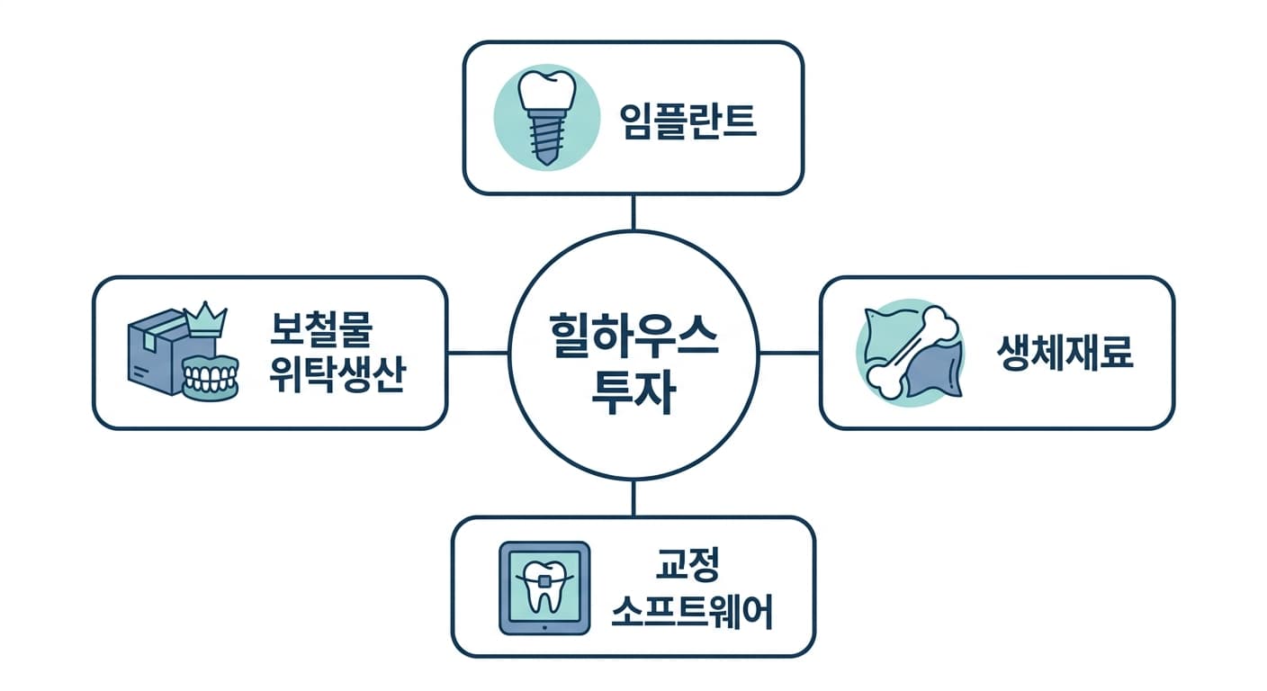 임플란트, 생체재료, 교정 소프트웨어, 보철물 위탁생산 네 영역이 중심원과 선으로 연결된 그림
