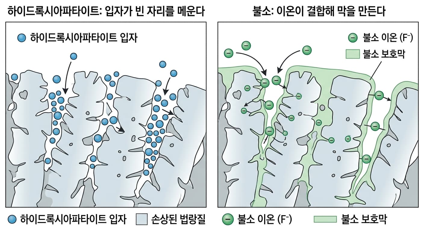 법랑질 표면의 미세한 구멍을 하이드록시아파타이트 입자가 직접 메우는 방식과 불소 이온이 결합해 보호막을 만드는 방식을 나란히 비교한 그림