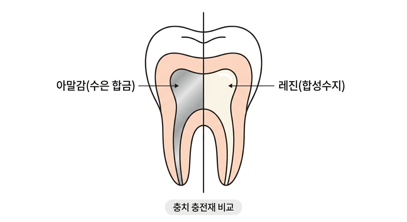 충치 부위를 각각 아말감과 레진으로 채운 치아 단면을 나란히 비교한 그림