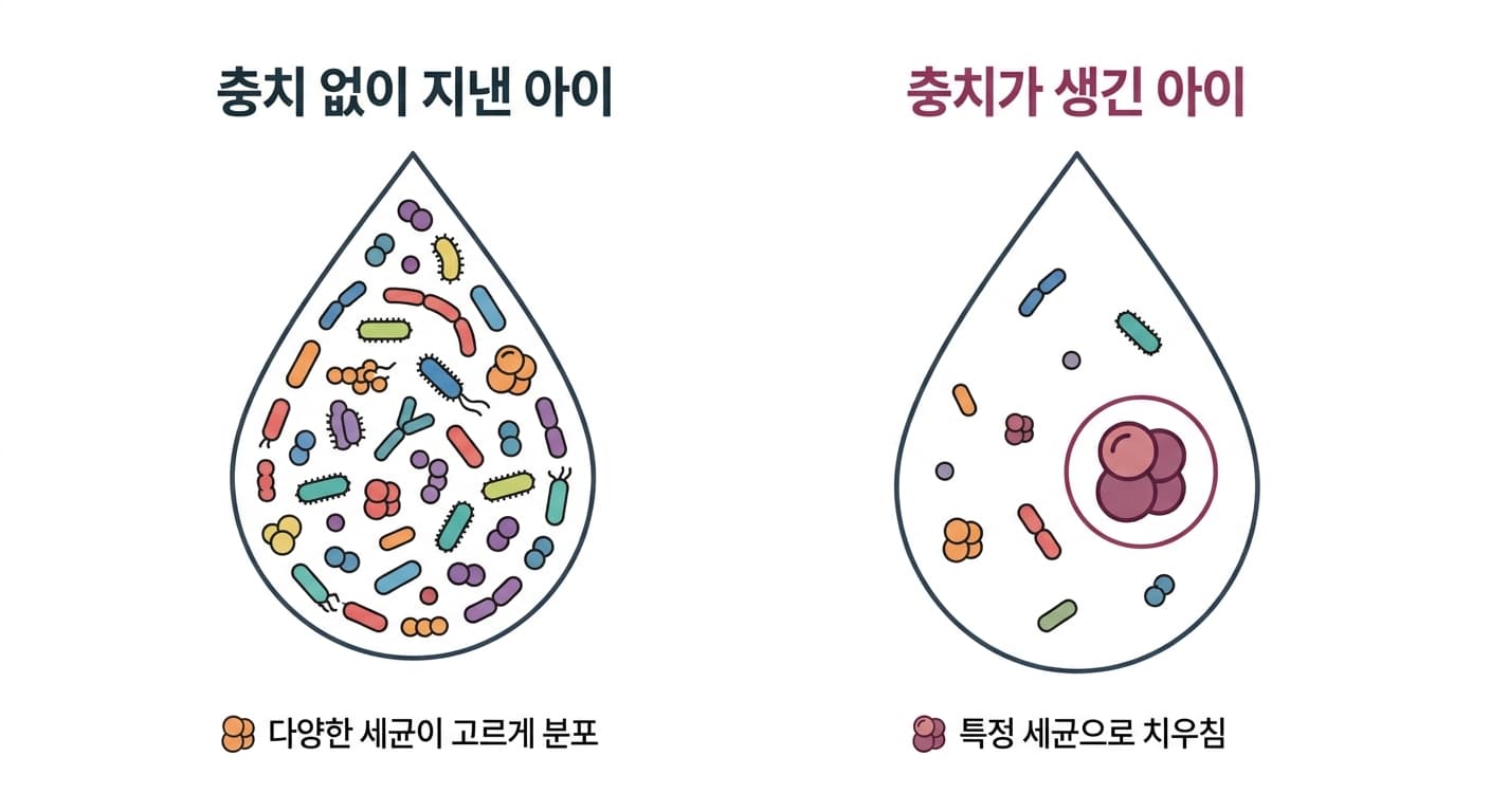 충치 없이 지낸 아이와 충치가 생긴 아이의 침 속 세균 구성을 비교한 그림. 왼쪽은 다양한 세균이 고르게 분포하고 오른쪽은 특정 세균으로 치우쳐 있다