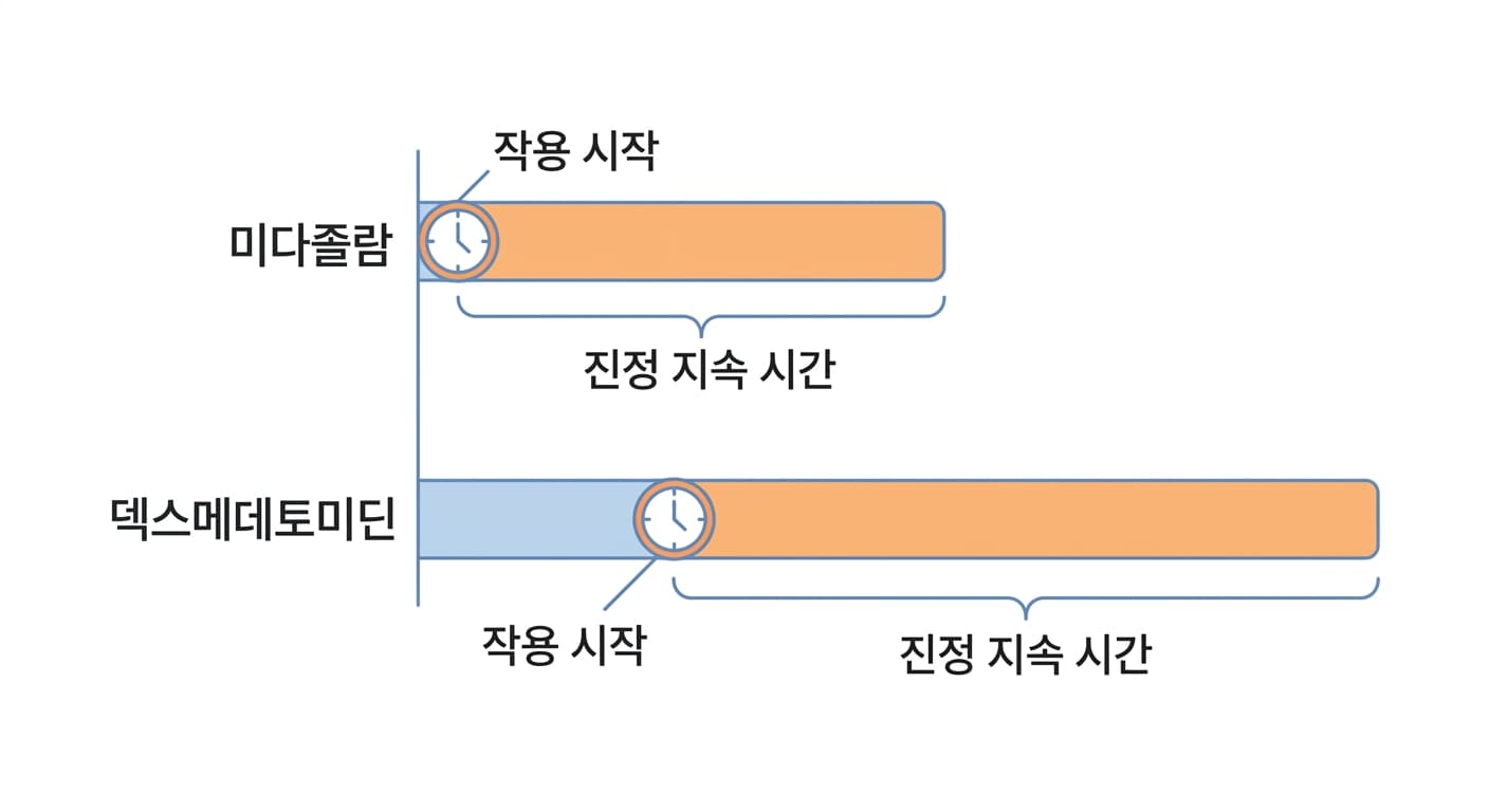 미다졸람은 빨리 듣고 빨리 끝나는 반면 덱스메데토미딘은 늦게 듣기 시작해 더 오래 진정이 유지되는 차이를 나타낸 타임라인 그림