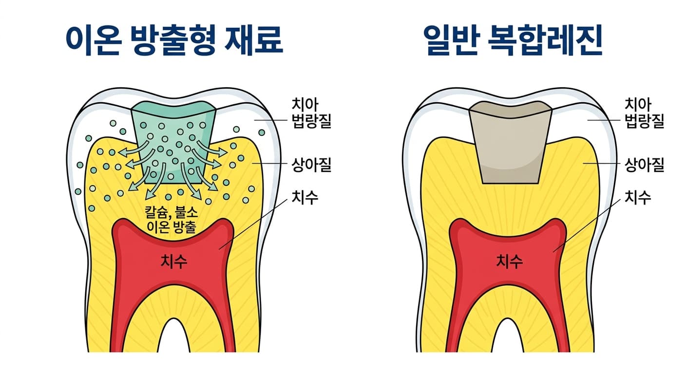 이온 방출형 충전재와 일반 복합레진을 비교한 치아 단면도. 재료별 방출 이온은 다르며 이해를 돕기 위한 개념도