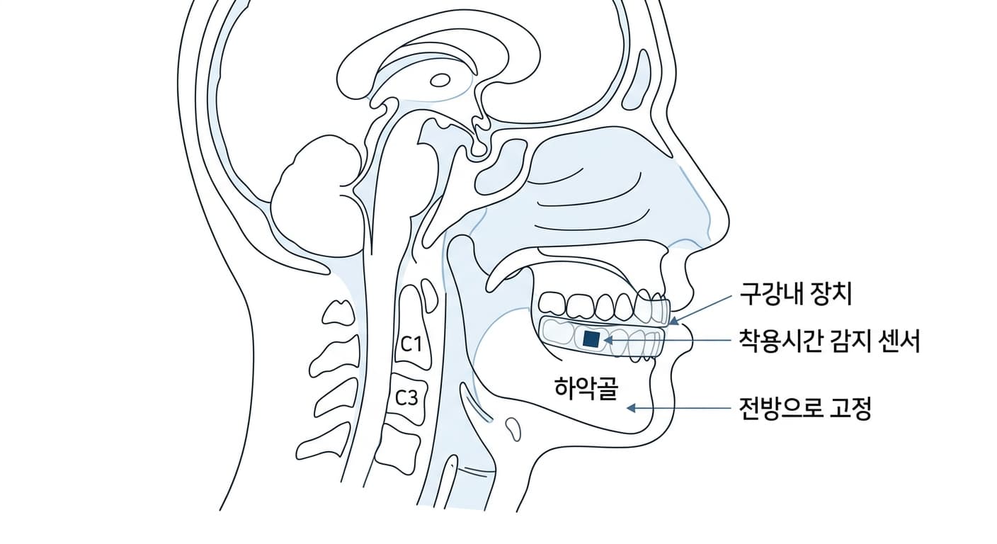 하악전진장치 구조를 옆에서 본 도해. 위아래 턱 사이에 장치를 물리고 안쪽에 착용시간을 재는 센서를 내장했으며, 아래턱을 앞으로 고정한다.