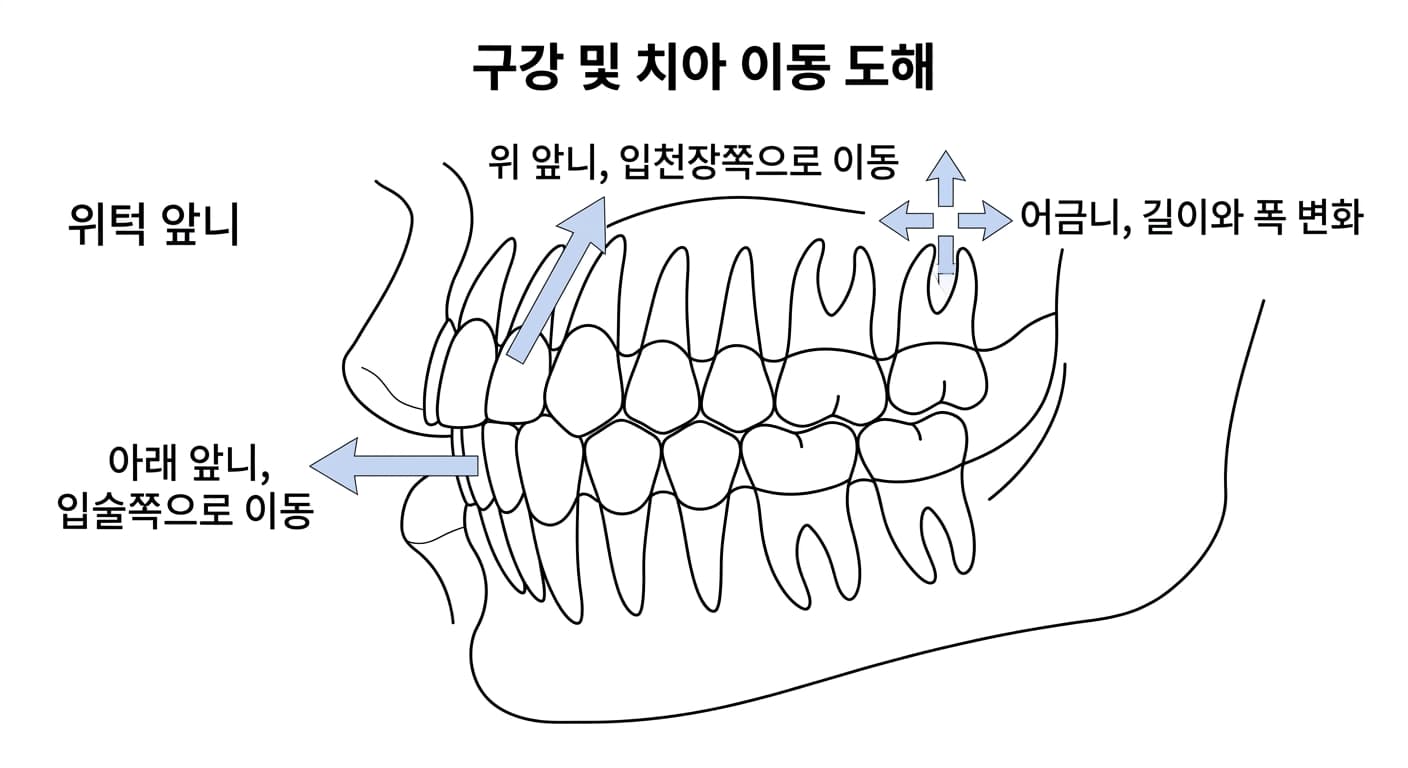 위턱 앞니와 아래턱 앞니, 어금니에 이가 움직이는 방향을 화살표로 표시한 도해. 아래 앞니는 입술쪽, 위 앞니는 입천장쪽으로 이동하고 어금니는 길이와 폭이 변한다.