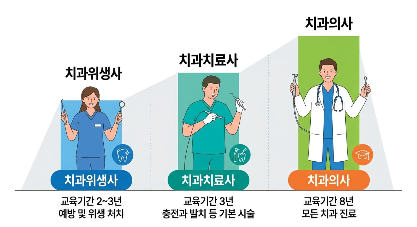 치과위생사, 치과치료사, 치과의사의 교육 기간과 진료 범위를 비교한 그림