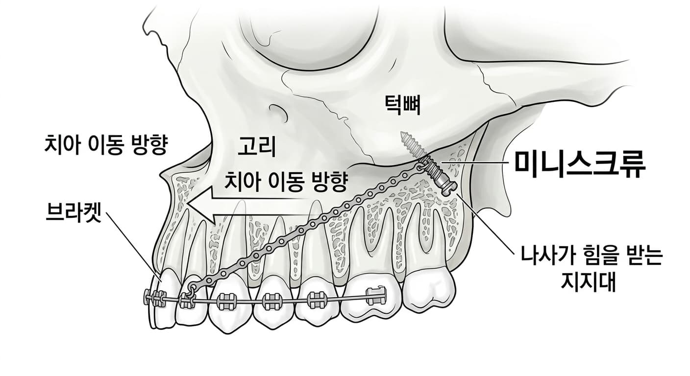 위턱 큰어금니 뒤쪽 뼈에 작은 나사를 비스듬히 심고 그 나사에 사슬을 걸어 치열 전체를 뒤로 당기는 모습을 보여주는 도해