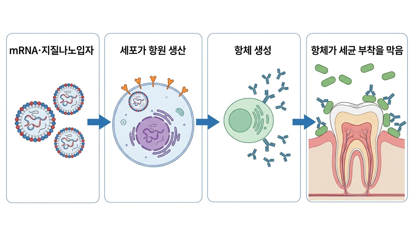 지질나노입자에 담긴 mRNA가 세포에 들어가 항원을 만들고, 이를 인식한 면역세포가 항체를 만들어 치아 표면의 세균 부착을 막는 과정을 네 단계로 나타낸 그림.