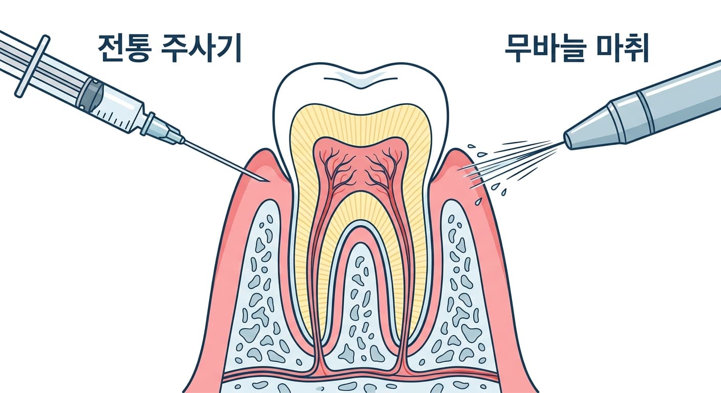 잇몸과 이의 단면도. 왼쪽에서는 바늘 달린 전통 주사기가 잇몸을 찔러 들어가고, 오른쪽에서는 무바늘 장치 끝에서 가는 물줄기가 압력을 받아 잇몸 점막으로 뿜어져 들어간다