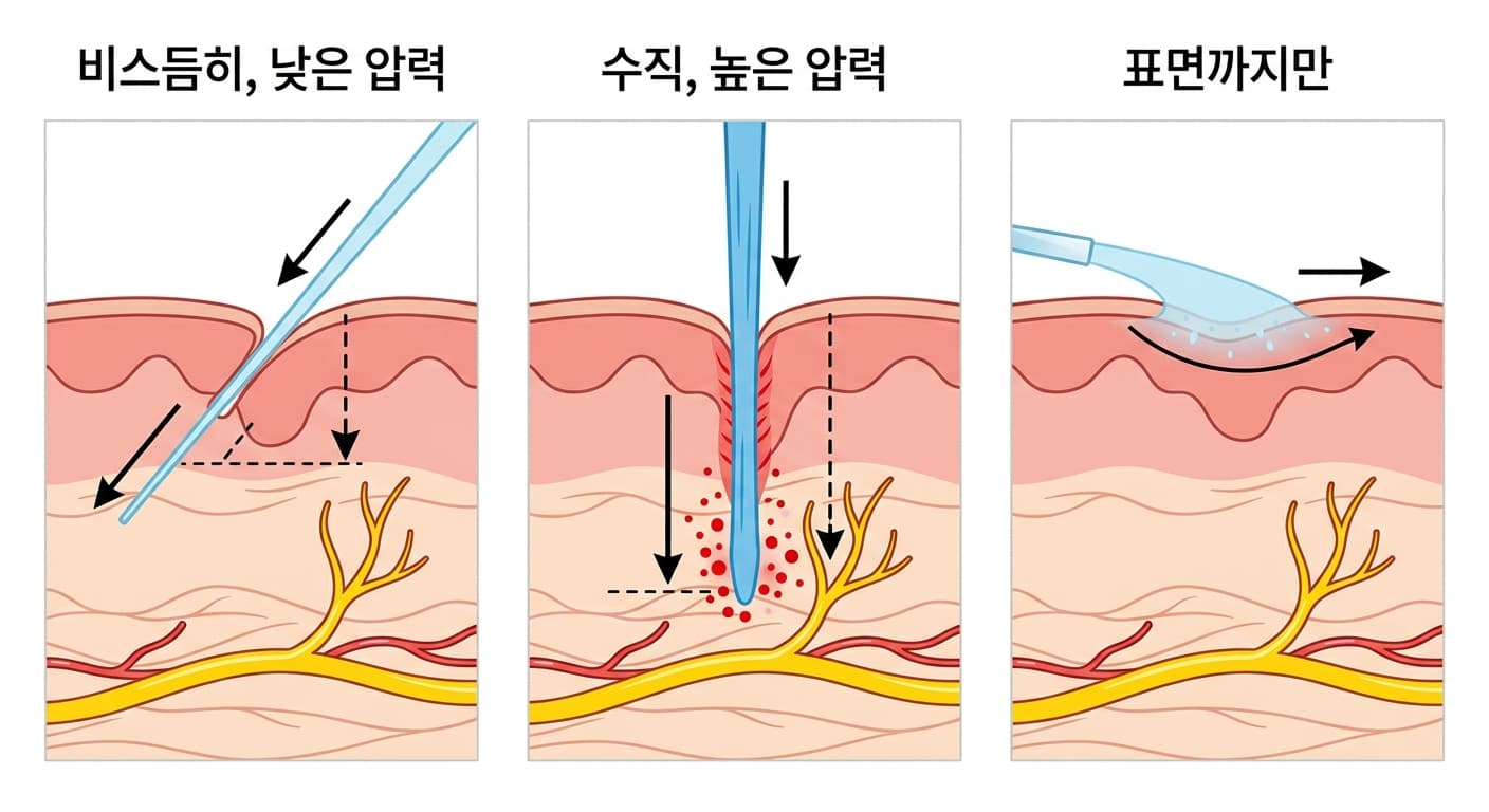잇몸 점막에 물줄기를 쏘는 각도와 세기에 따른 침투 깊이 비교. 비스듬히 낮은 압력으로 쏘면 신경 다발 근처까지 얕게 도달하고, 수직으로 높은 압력을 주면 신경 다발까지 깊이 들어가지만 출혈이 함께 나타나며, 압력이 약하면 점막 표면 근처까지만 퍼지고 신경 다발에는 닿지 못한다
