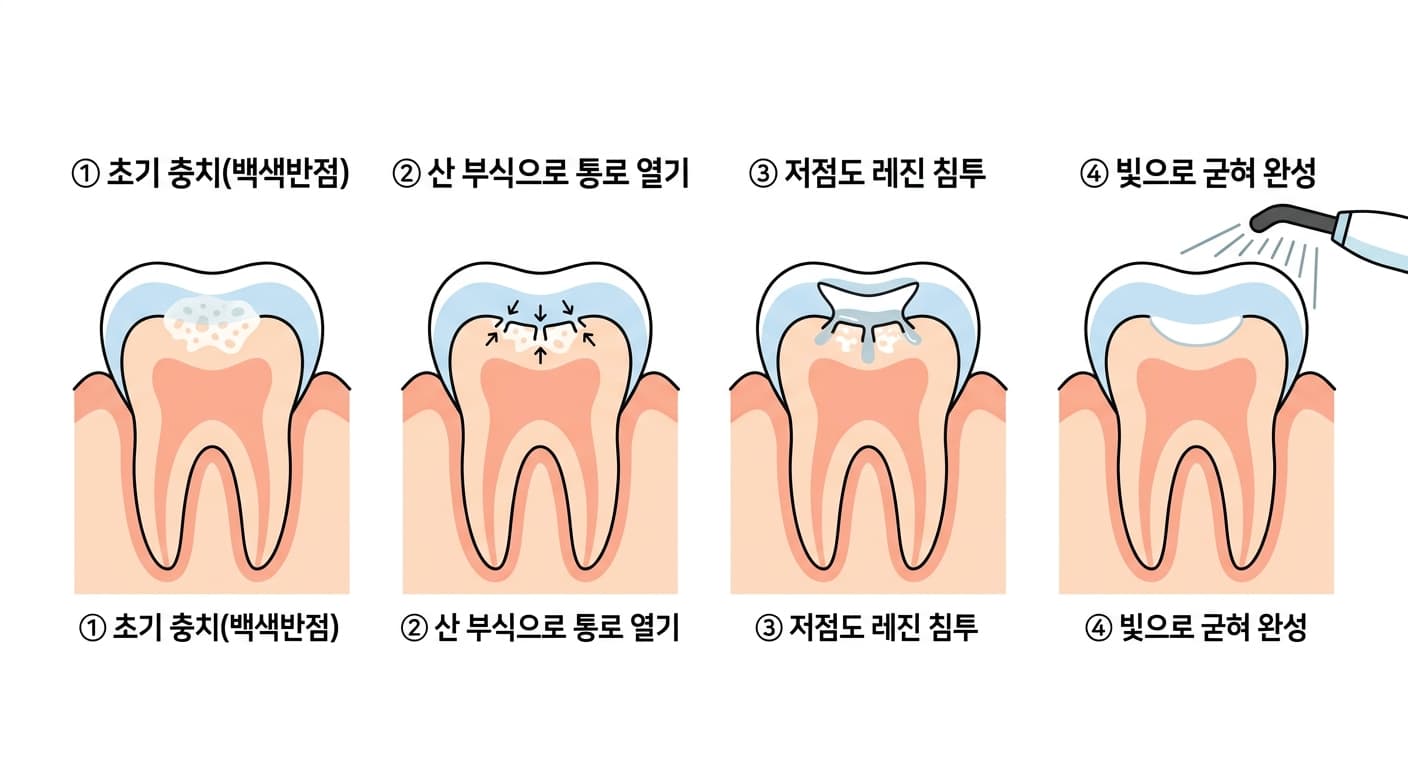 레진침투치료가 진행되는 네 단계. 백색반점 상태의 법랑질, 산으로 통로를 여는 과정, 저점도 레진이 스며드는 과정, 빛으로 굳혀 완성하는 과정을 순서대로 보여준다