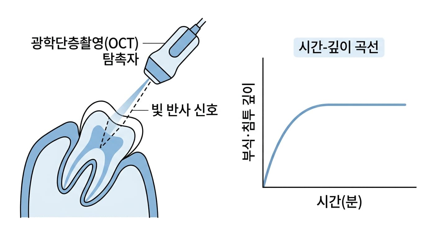 광학단층촬영(OCT) 탐촉자가 치아에 빛을 쏘아 반사 신호로 부식·침투 깊이를 재는 원리와 시간에 따라 깊이가 늘다가 멈추는 시간-깊이 곡선