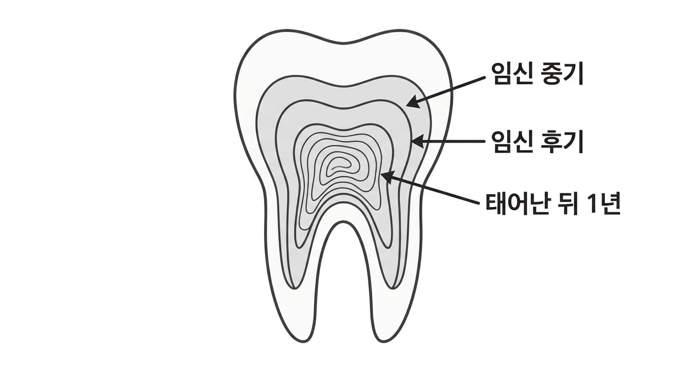태아기부터 생후 1년까지 자란 시기별로 층이 나뉜 젖니 단면 개념도