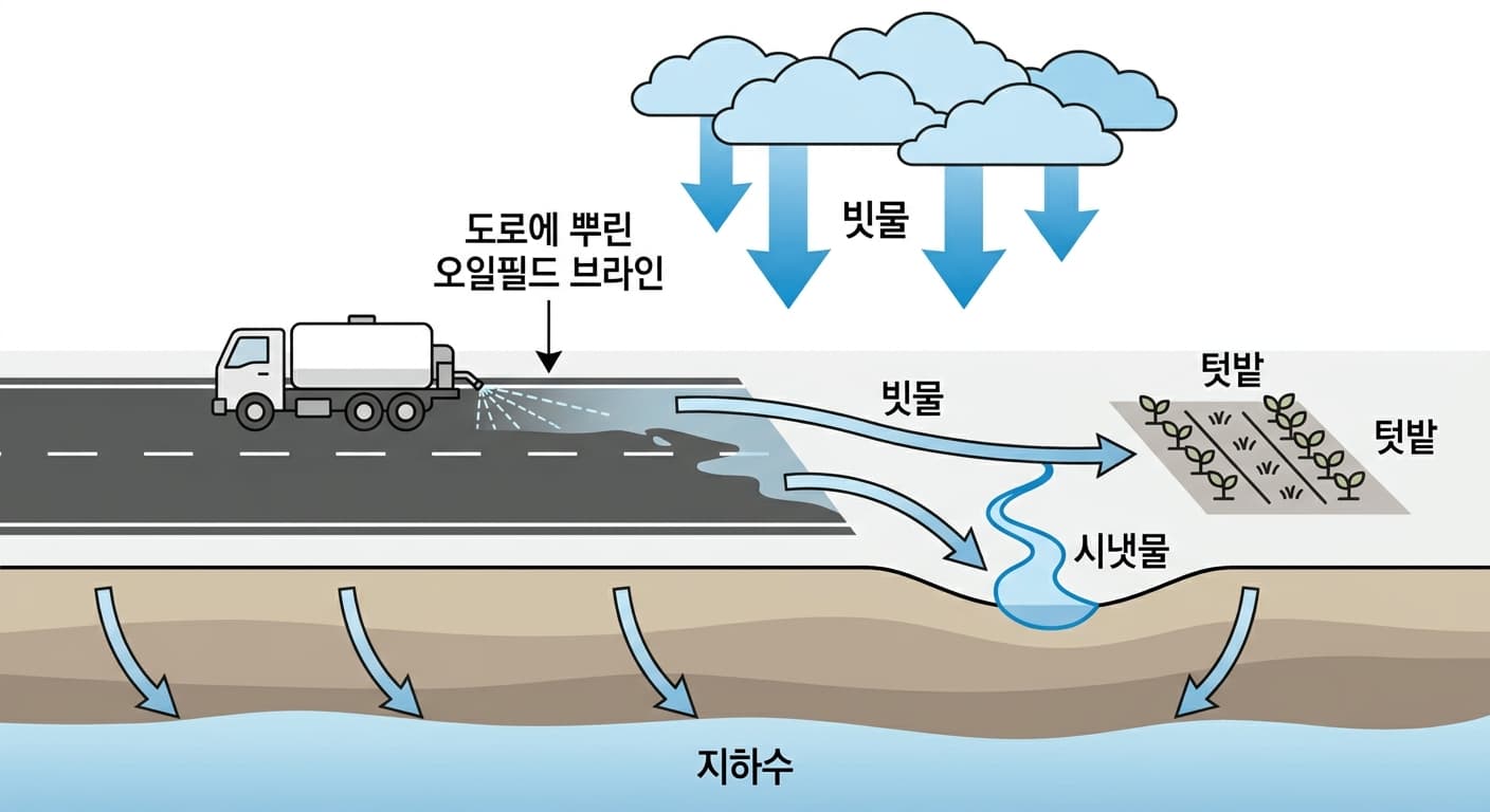 도로에 살포 트럭이 오일필드 브라인을 뿌리고, 빗물이 이를 씻어 텃밭과 시냇물, 지하수로 흘려보내는 과정을 나타낸 개념도
