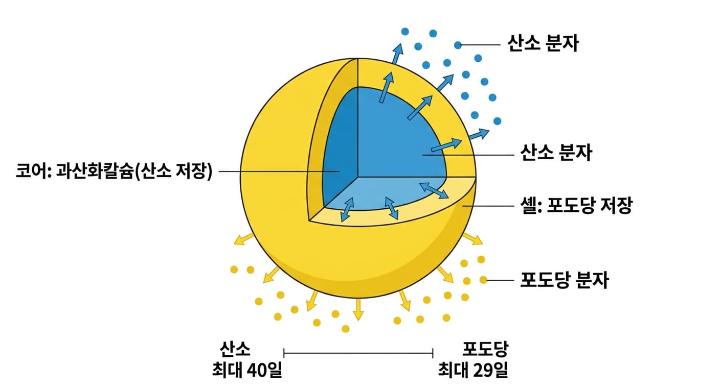 산소를 저장한 코어와 포도당을 저장한 셸로 이루어진 구슬 모양 방출 소재의 단면과, 각 물질이 방출되는 기간을 나타낸 모식도