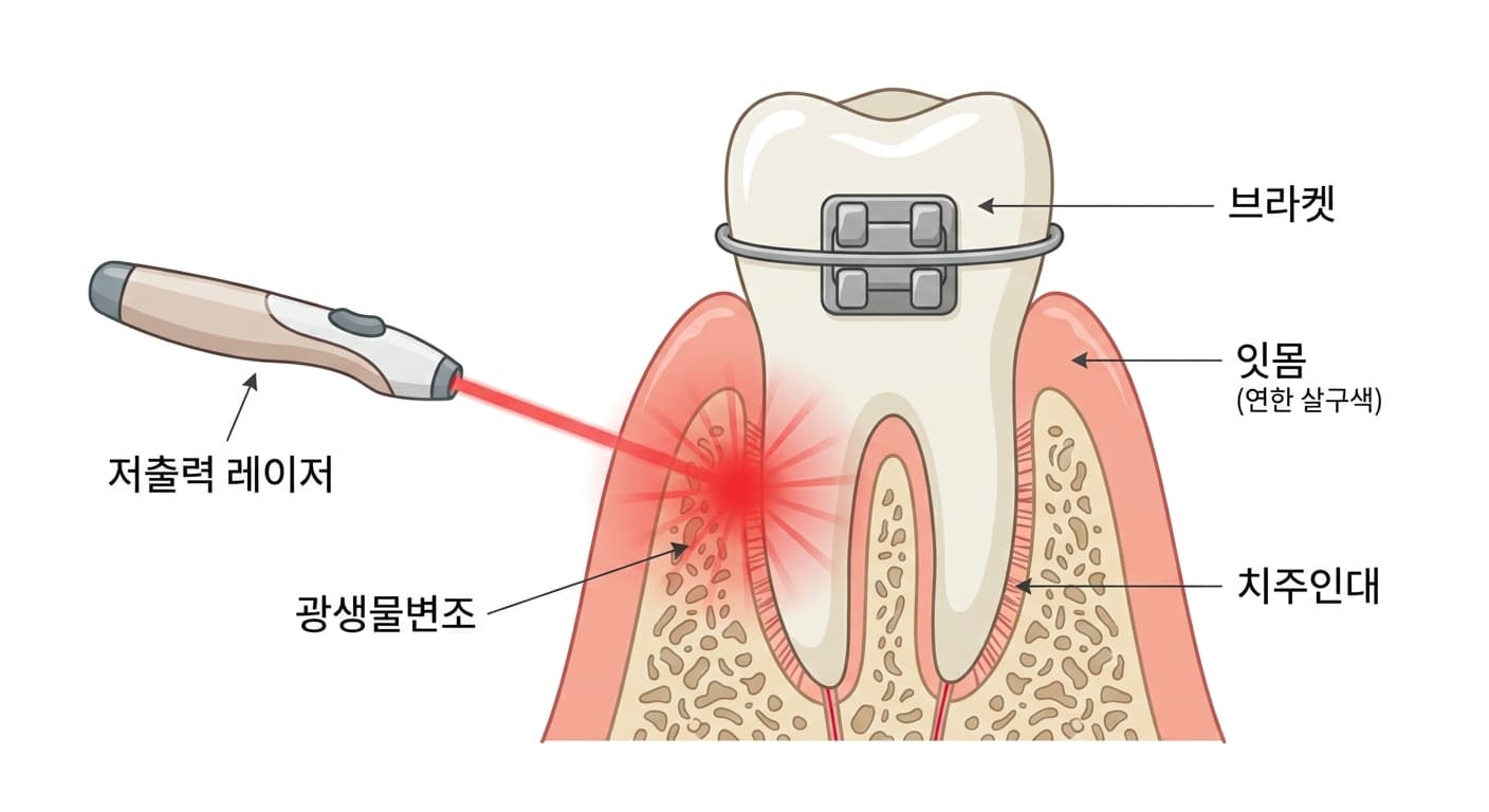 저출력 레이저 기기가 브라켓이 붙은 치아 옆 잇몸(치주인대)에 빨간 빛을 비추는 단면도. 광생물변조가 일어나는 자리를 화살표로 표시했다