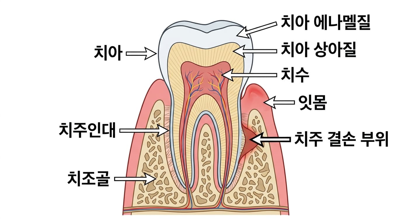 치주 결손 부위와 치아를 지탱하는 조직을 보여주는 단면도