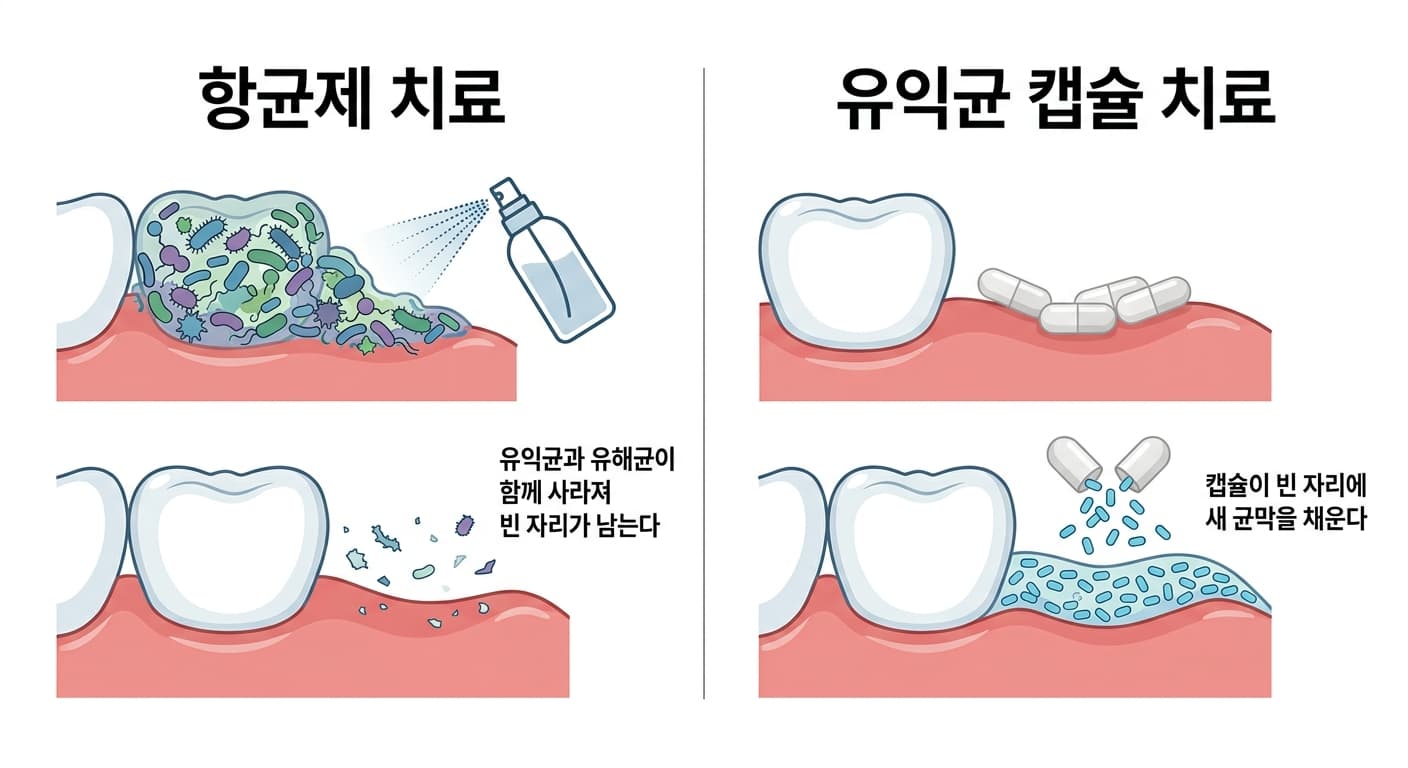 항균제 치료와 유익균 캡슐 치료를 좌우로 비교한 그림. 항균제는 세균을 없애 빈 자리를 남기고 캡슐은 빈 자리에 새 균막을 채운다