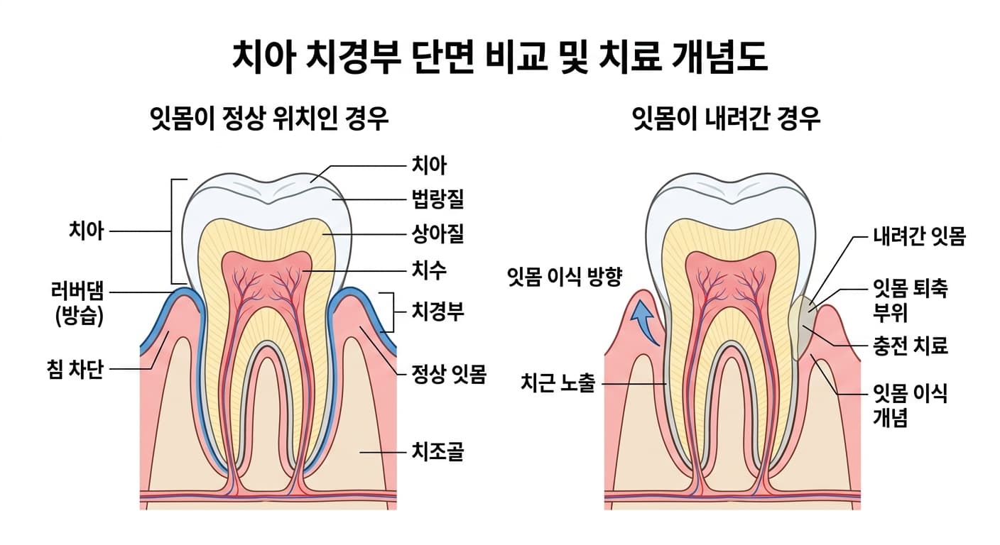 잇몸이 정상 위치인 경우와 잇몸이 내려가 치근이 드러난 경우를 나란히 비교하고, 후자에서 잇몸이식과 충전 치료를 함께 검토하는 개념을 보여주는 그림