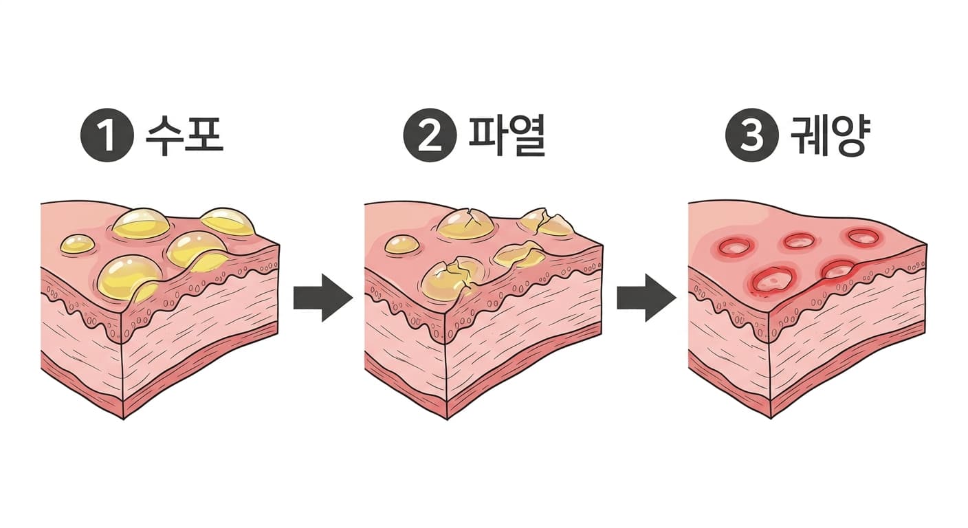 입안 점막에 물집이 생겼다가 터져 통증성 궤양으로 바뀌는 세 단계를 보여주는 그림