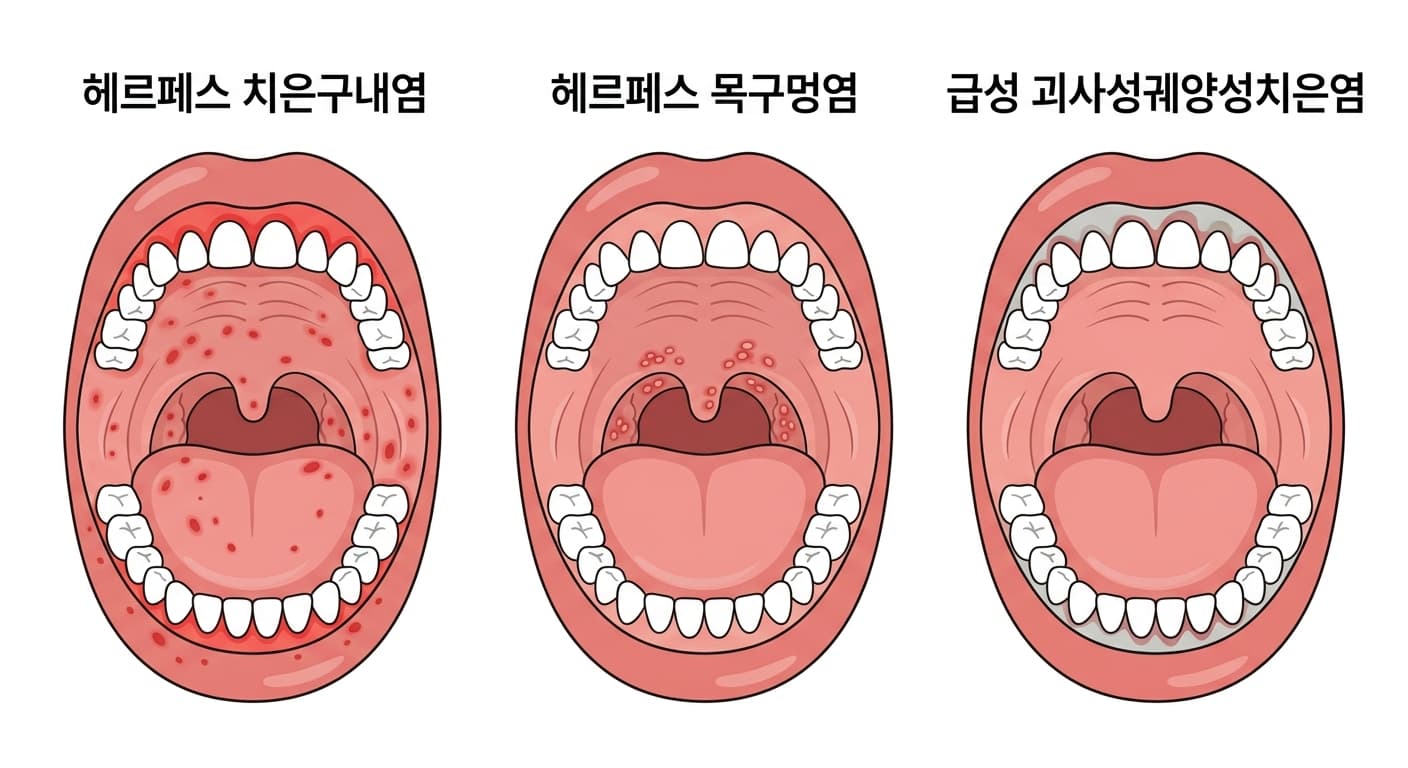 헤르페스 치은구내염, 헤르페스 목구멍염, 급성 괴사성궤양성치은염에서 병이 생기는 위치가 서로 다름을 비교한 구강 내부 그림