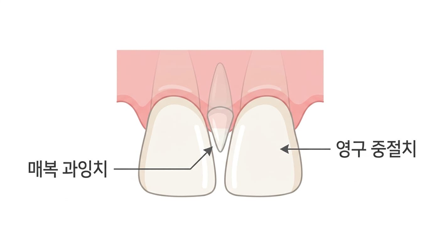 위 앞니 두 개 사이 잇몸 속에 거꾸로 묻힌 원뿔 모양 과잉치를 보여주는 정중과잉치 개념도