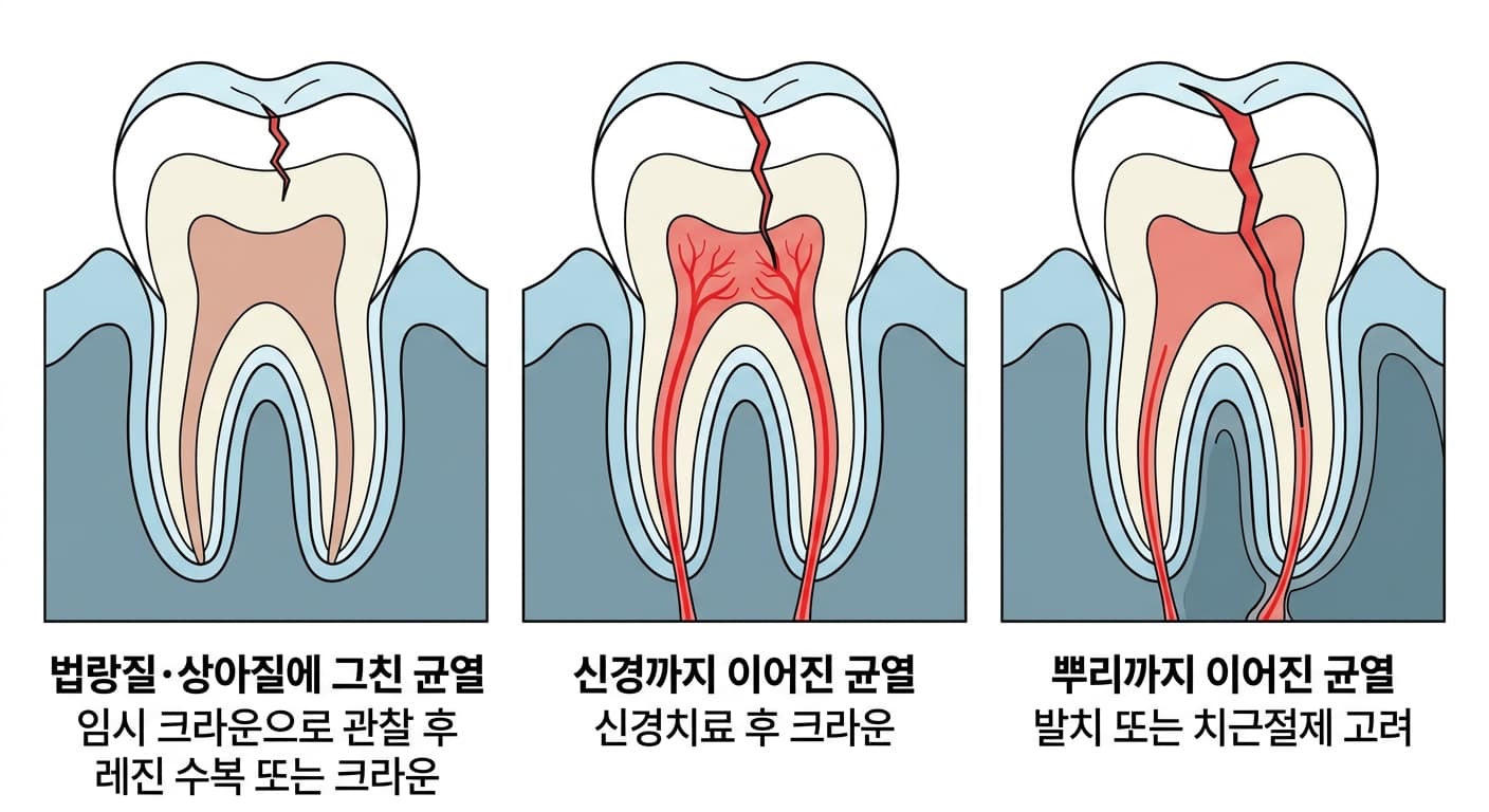 균열이 법랑질과 상아질에 그친 경우, 신경까지 이어진 경우, 뿌리까지 이어진 경우에 따라 달라지는 치료 방향을 보여주는 치아 단면 비교도