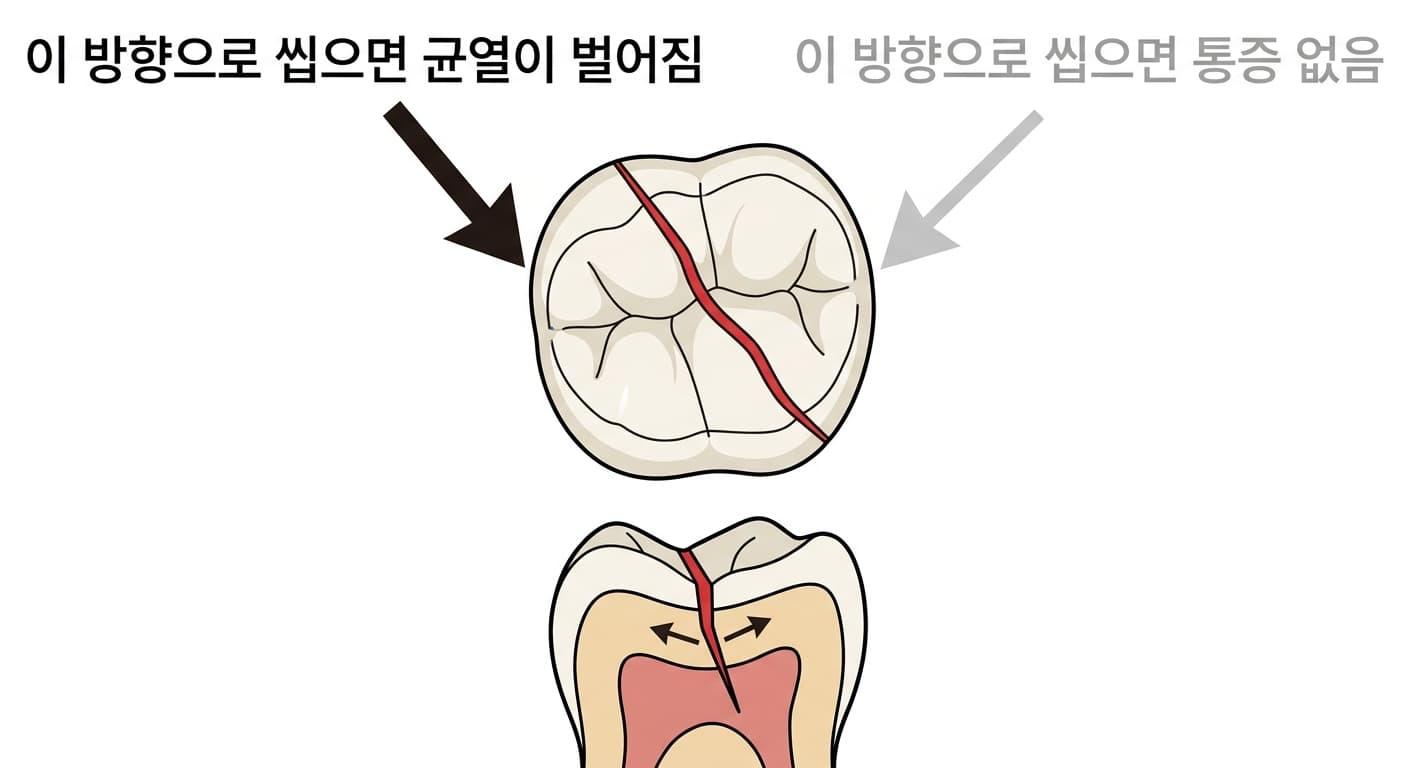 어금니 씹는 면의 균열선과 씹는 방향에 따라 통증이 나타나거나 나타나지 않는 이유, 단면에서 균열이 벌어지는 모습을 보여주는 그림