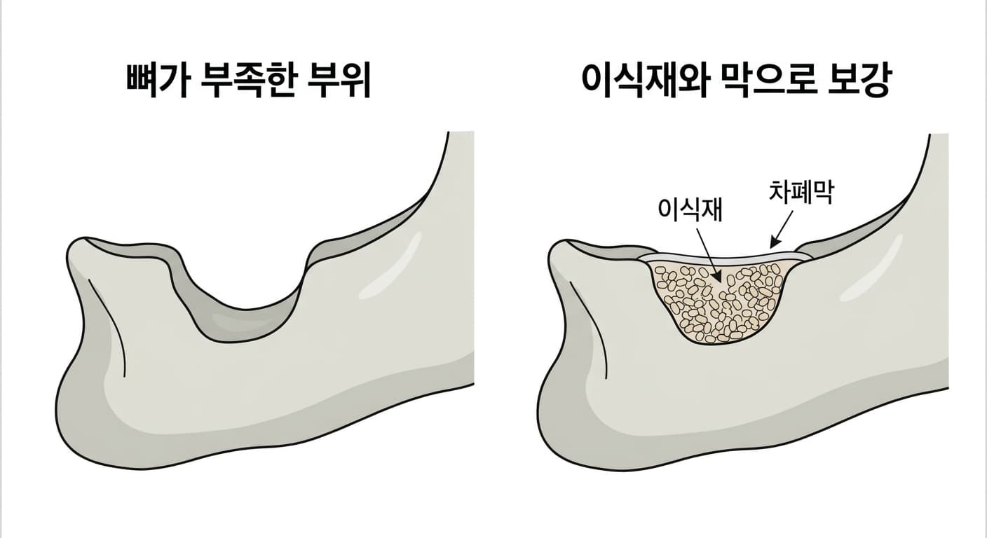 뼈가 부족한 부위에 이식재를 채우고 차폐막으로 덮어 보강하는 과정을 보여주는 그림