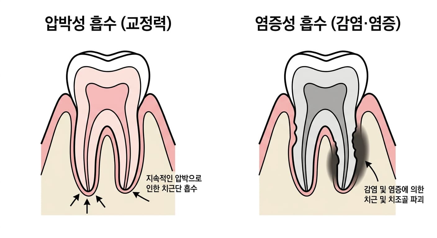 압박성 흡수와 염증성 흡수의 치아 단면 비교. 왼쪽은 교정력으로 치근단이 뭉툭하게 흡수된 모습, 오른쪽은 감염과 염증으로 치근과 주변 잇몸뼈가 함께 불규칙하게 흡수된 모습을 보여준다.