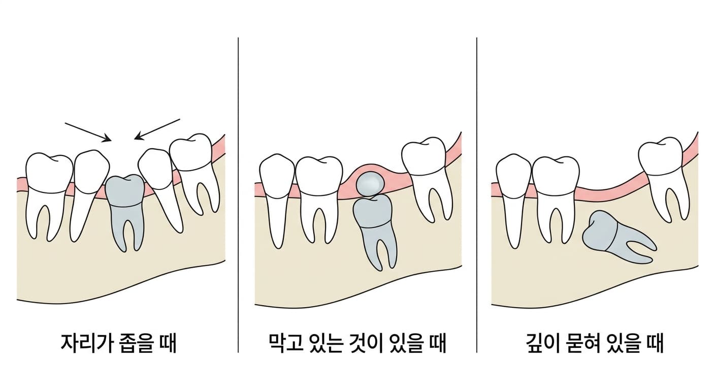 영구치가 늦게 나올 때 확인하는 세 가지 경우를 비교한 그림. 자리가 좁을 때, 막고 있는 것이 있을 때, 깊이 묻혀 있을 때(매복)