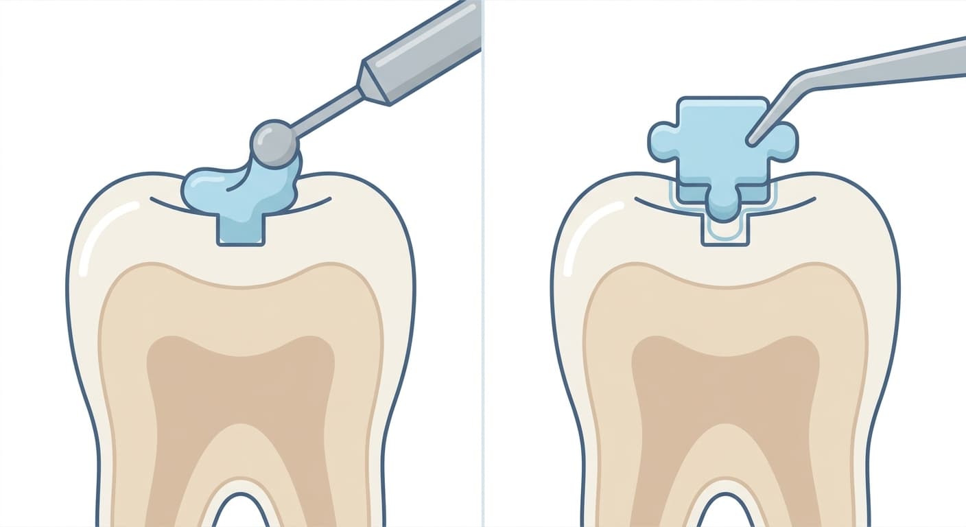 치아 안에서 바로 채워 굳히는 방법과 미리 만든 조각을 붙이는 방법을 비교한 그림