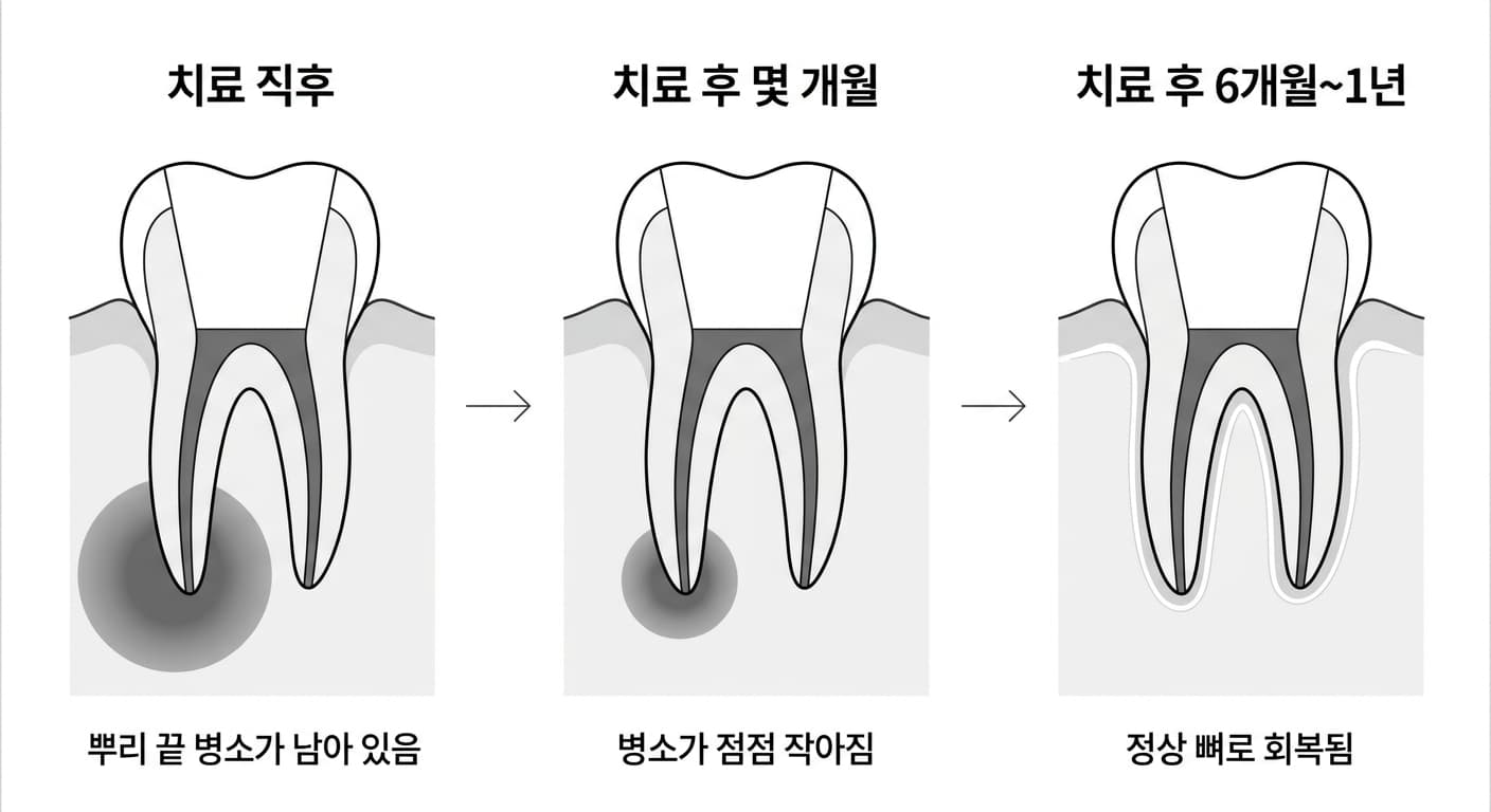 신경치료 후 뿌리 끝 병소가 치료 직후, 몇 개월 후, 6개월에서 1년 후에 걸쳐 점점 작아지다가 정상 뼈로 회복되는 과정을 3단계로 비교한 치아 단면 그림