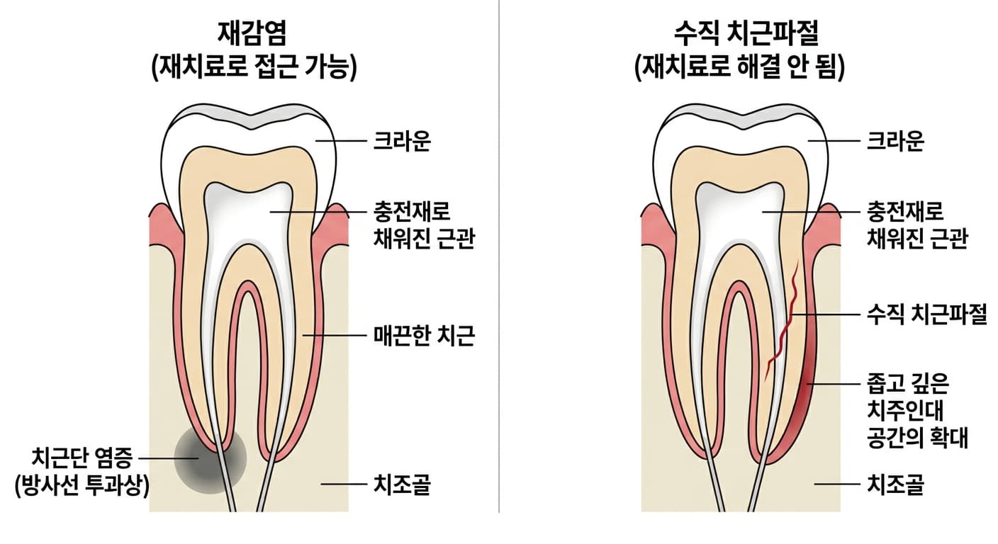 재감염으로 뿌리 끝에 염증이 생긴 치아와 뿌리에 세로로 금이 간 수직 치근파절 치아를 비교한 단면 그림
