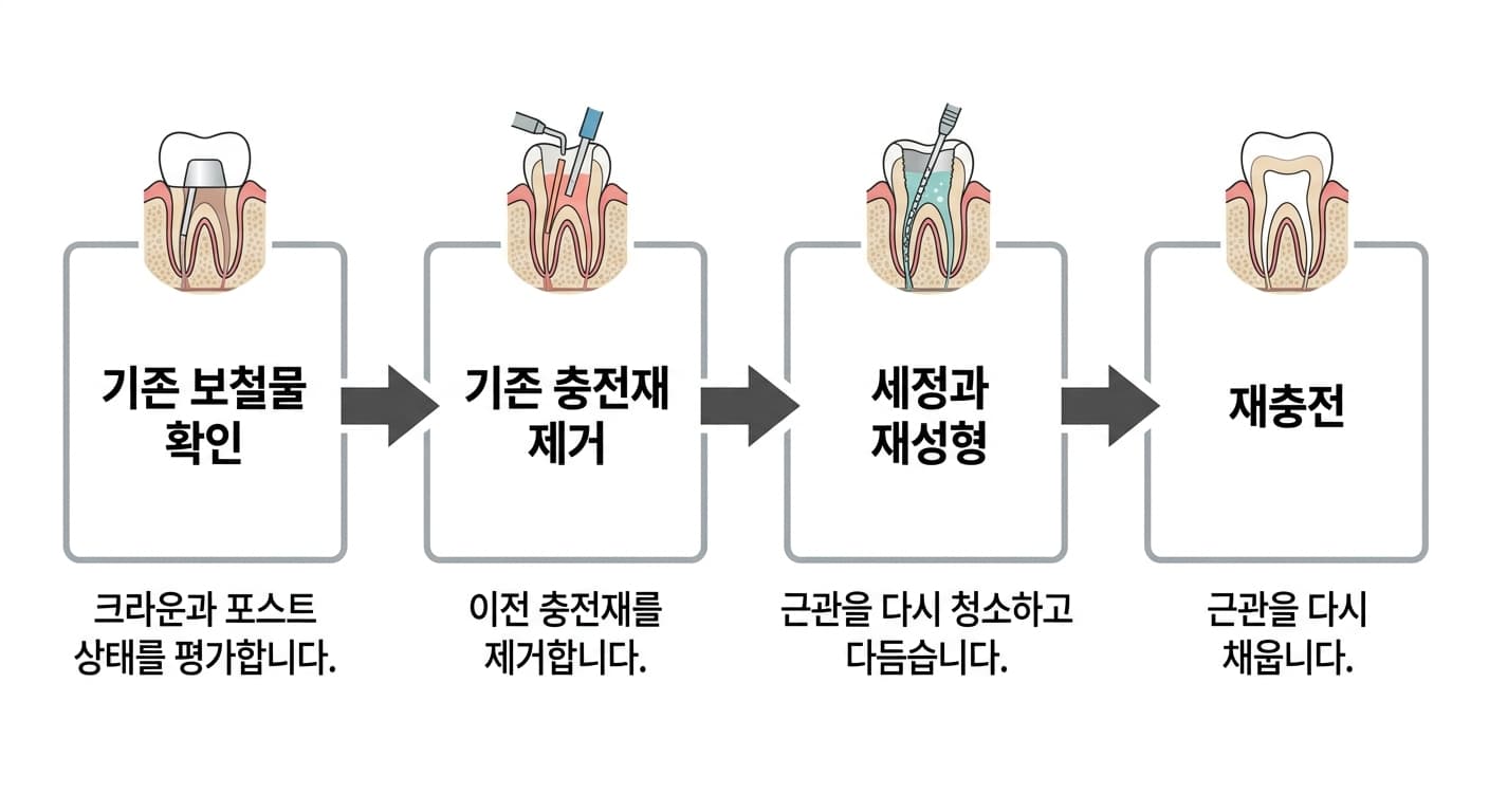 신경치료된 치아를 재치료하는 과정을 기존 보철물 확인, 기존 충전재 제거, 세정과 재성형, 재충전 네 단계로 나타낸 도식