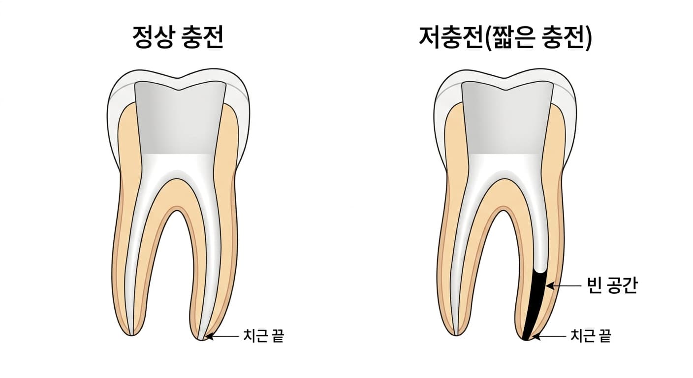 근관 충전이 치근 끝까지 채워진 정상 충전과, 충전이 짧게 끝나 치근 끝 쪽에 검은 빈 공간이 남은 저충전을 비교한 치아 단면도