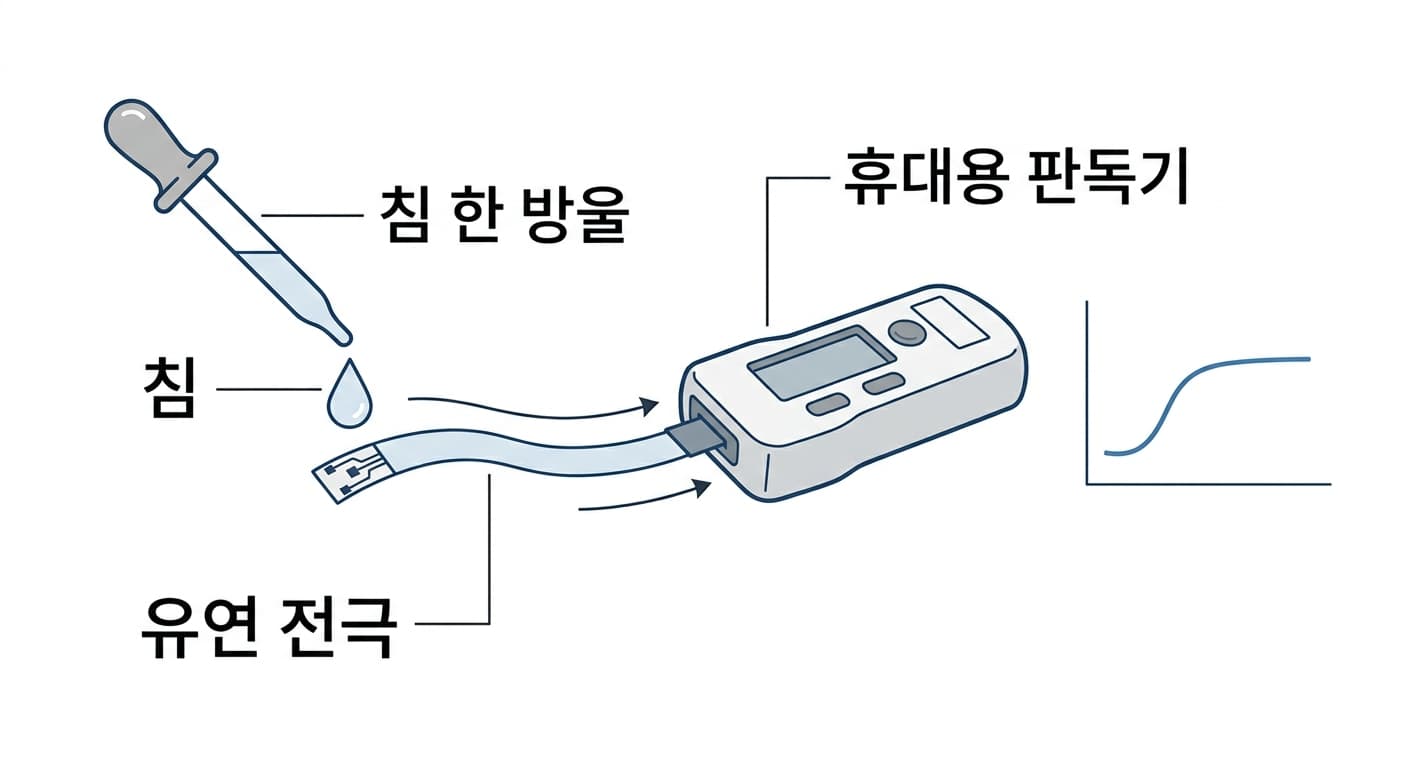 침 한 방울을 유연 전극에 떨어뜨려 휴대용 판독기로 읽는 과정을 보여주는 그림