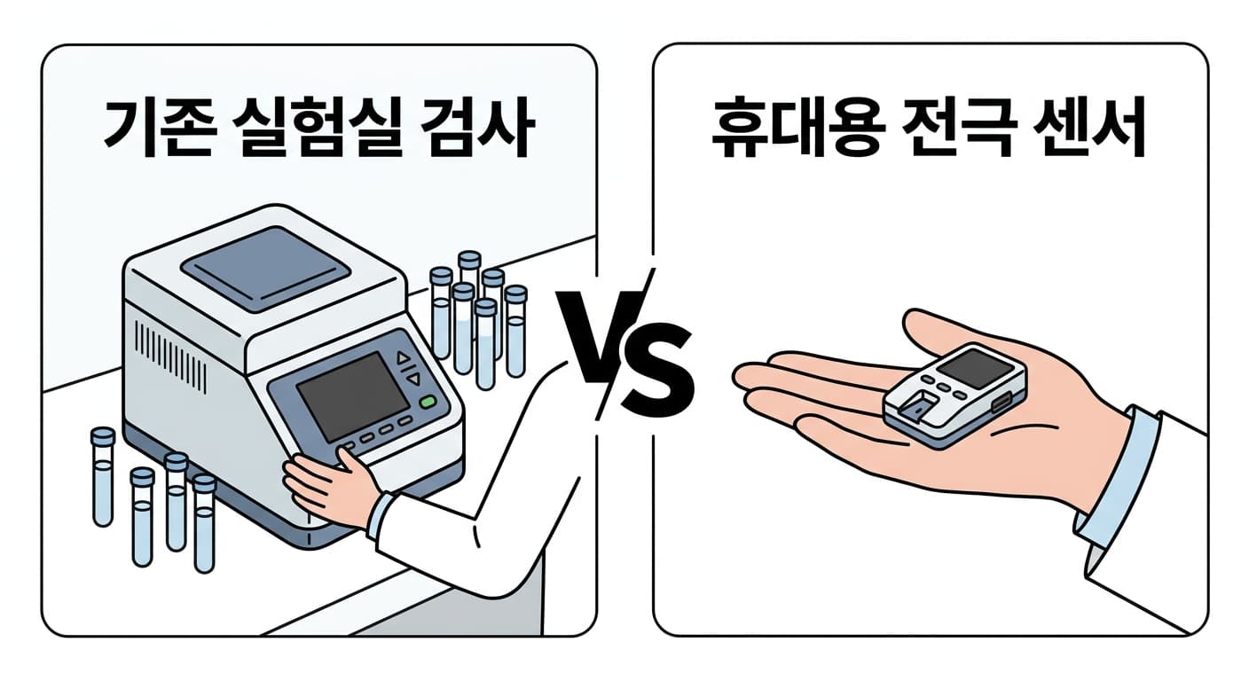 기존 실험실 유전자 증폭 검사 기기와 손바닥 위에 올라가는 휴대용 전극 센서를 나란히 비교한 그림
