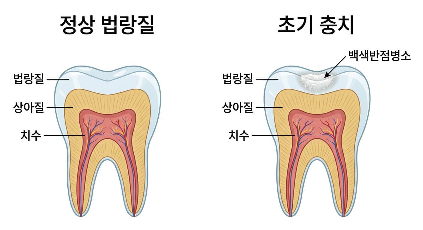 정상 법랑질과 초기 충치(백색반점병소) 치아 단면 비교. 초기 충치에서는 법랑질 표면 바로 아래에 미네랄이 빠져나간 하얀 부분이 있다