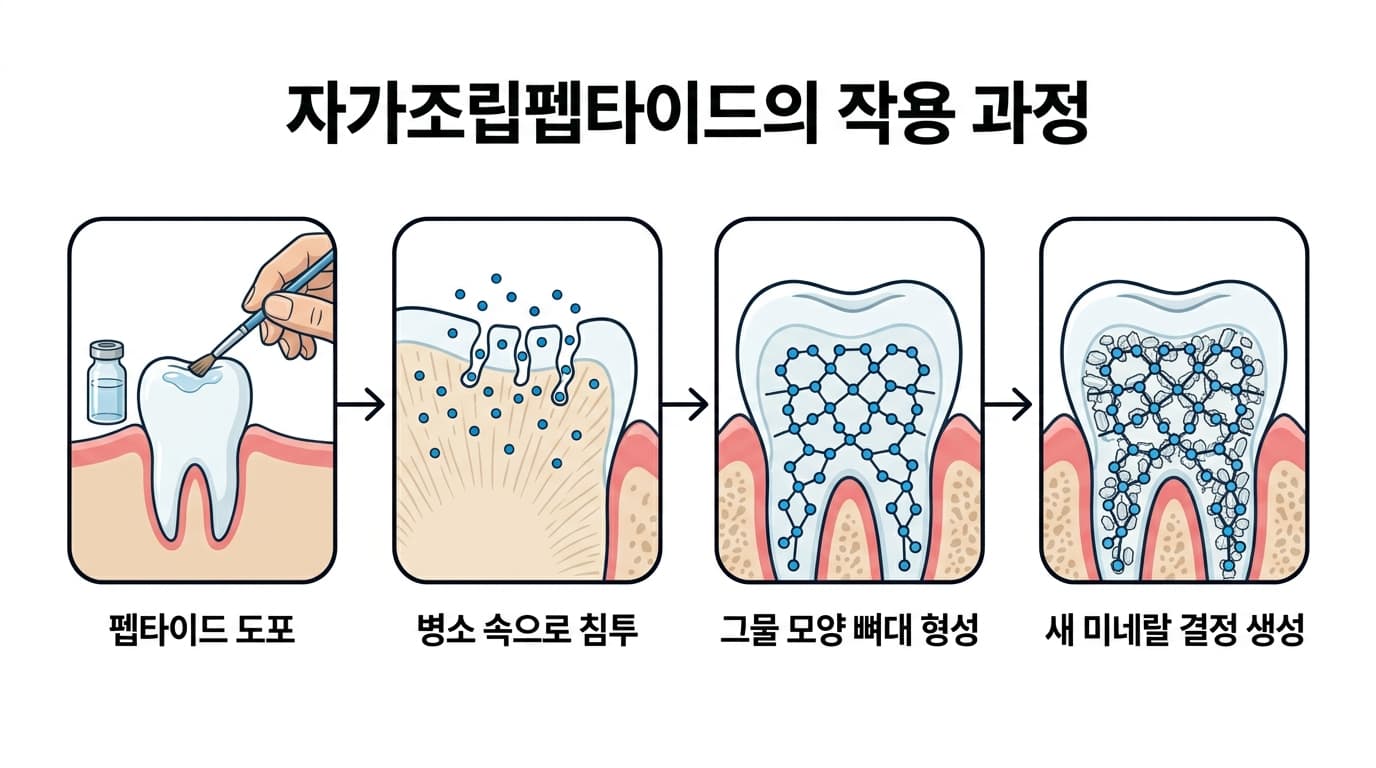 자가조립펩타이드가 치아 병소에 작용하는 4단계 과정. 도포, 병소 속으로 침투, 그물 모양 뼈대 형성, 새 미네랄 결정 생성 순서를 보여준다