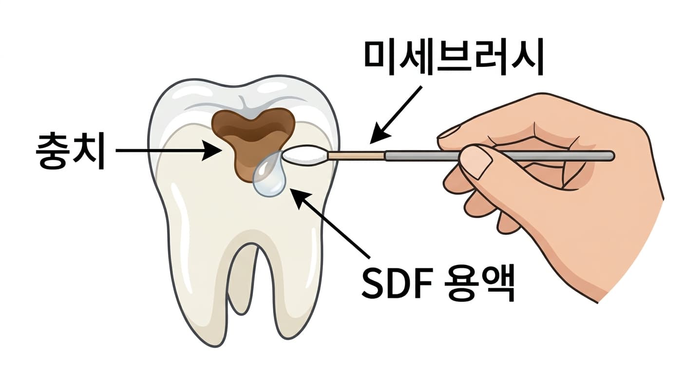 충치 구멍에 미세브러시로 은다이아민플루오라이드(SDF) 용액을 바르는 모습