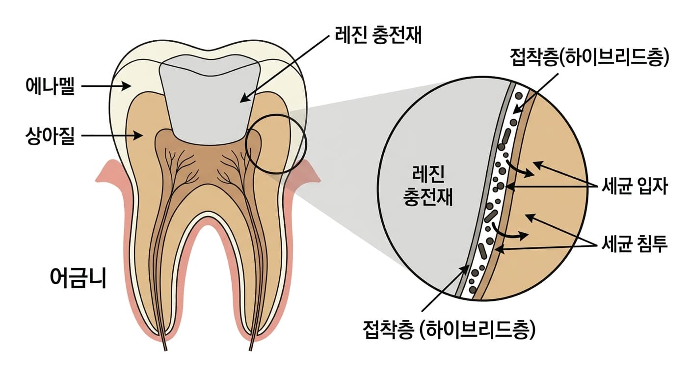 레진 충전재와 치아 사이의 접착층(하이브리드층)이 갈라진 틈으로 세균이 파고드는 모습을 보여주는 개념도