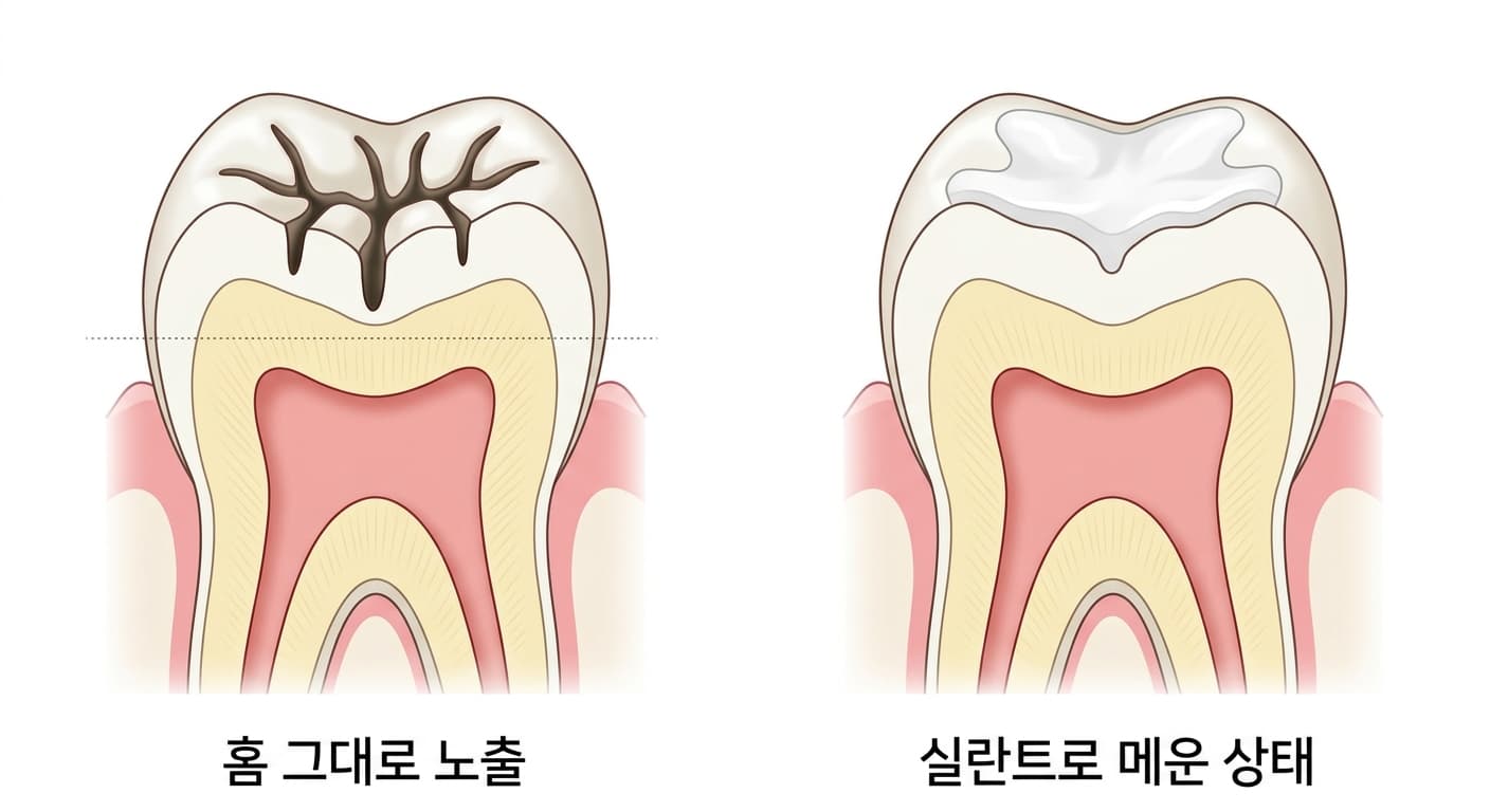 어린이 어금니 씹는 면의 홈이 그대로 드러난 모습과 실란트로 메워진 모습을 나란히 비교한 단면도