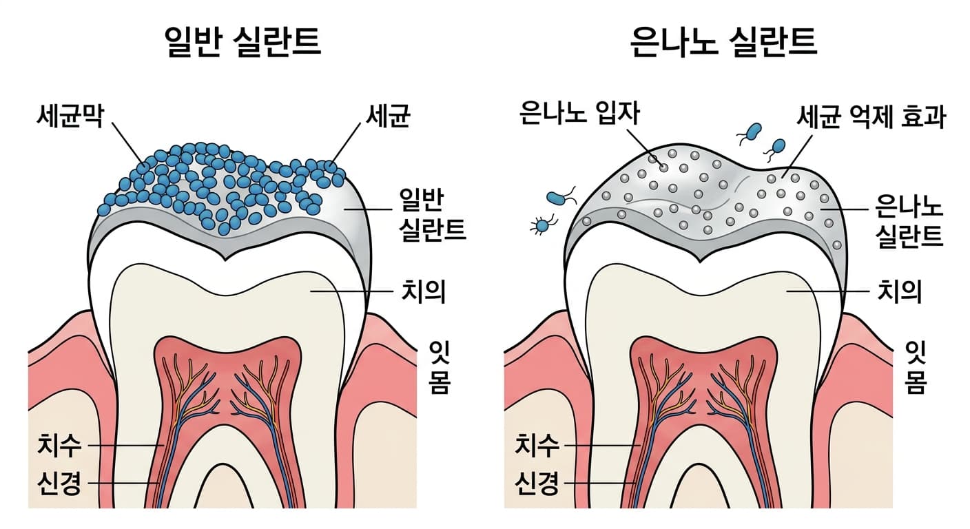 일반 실란트 표면에 세균이 막을 이루며 붙어 있는 모습과 은나노 입자가 섞인 실란트 표면에서 세균이 줄어든 모습을 비교한 개념도