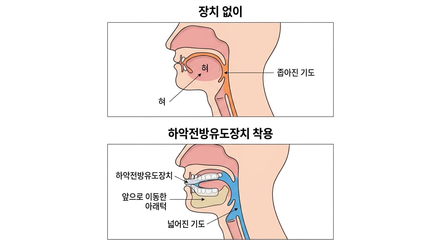 장치를 쓰지 않았을 때와 하악전방유도장치를 착용했을 때 옆에서 본 기도 단면 비교. 장치를 쓰면 아래턱과 혀가 앞으로 이동해 기도가 넓어진다.