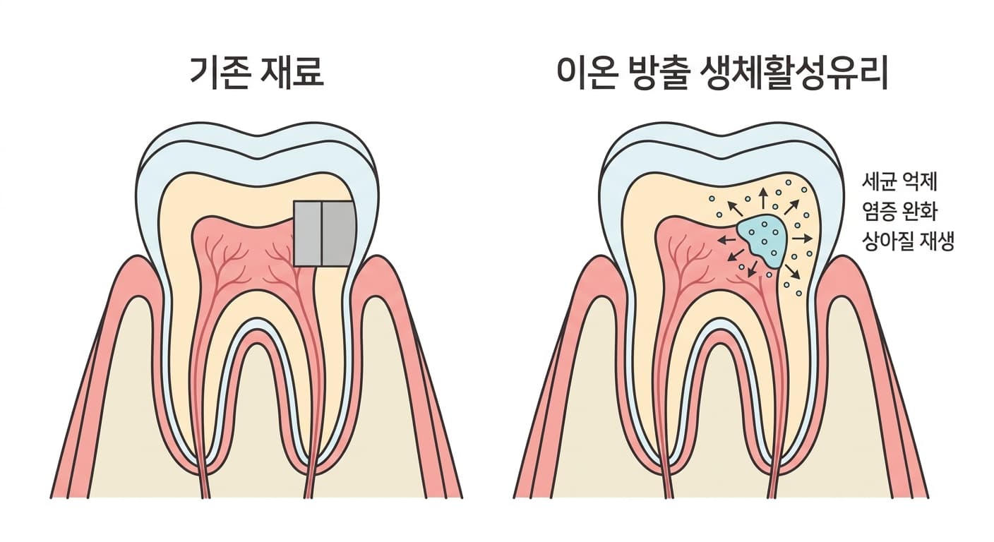 기존 재료는 노출된 치수 위에 단순한 재료로 구멍을 막지만, 이온 방출 생체활성유리는 세균 억제·염증 완화·상아질 재생 신호를 함께 퍼뜨리는 모습을 비교한 치아 단면도