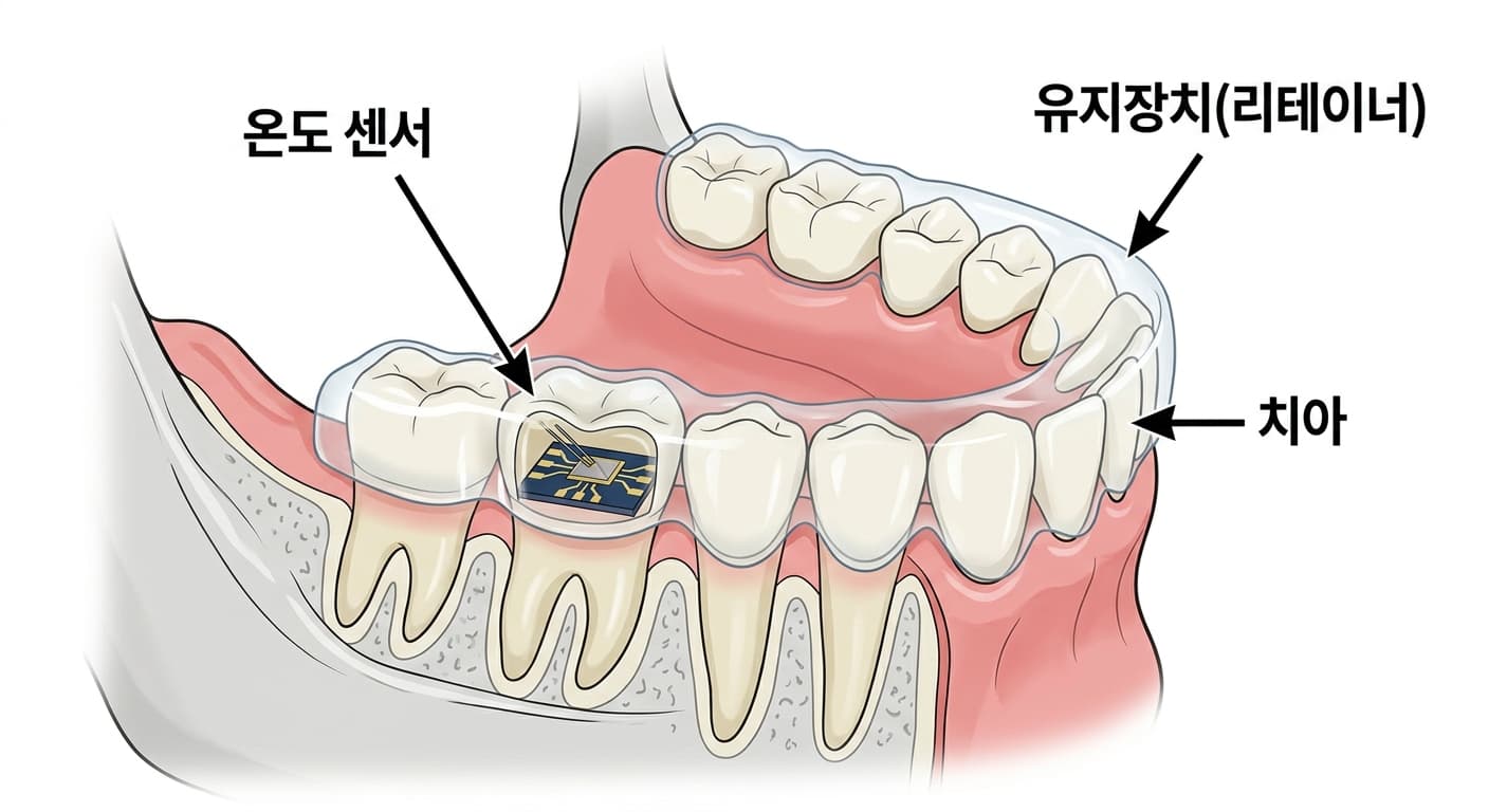 유지장치(리테이너) 안쪽에 심어진 온도 센서가 치아 위 착용 여부를 감지하는 모습을 보여주는 단면도
